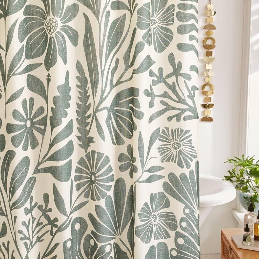 Vintage Floral Faux Linen Shower Curtain for Bathroom in Beige and Grey - 210GSM